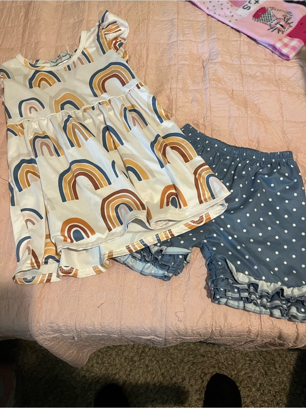 Girls White Rainbow Top & Blue Polka Dot Shorts Matching Set